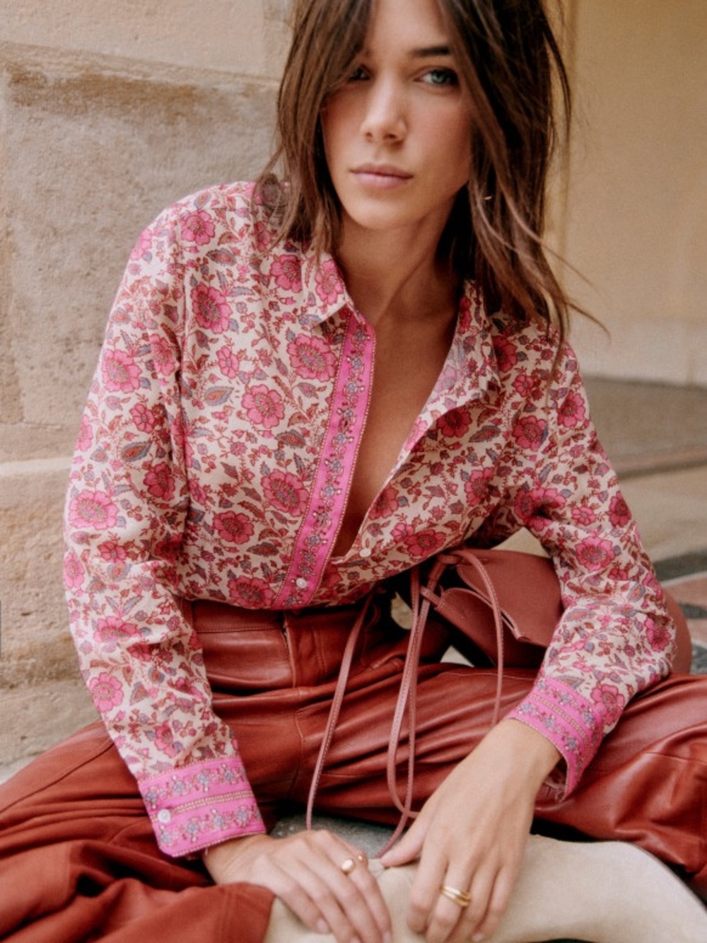 Sezane Pink Floral Embroidered Button-Down Shirt Size 34
